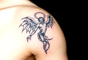 Lucifer’s fall to hell with his wings and halo fallen off tattoo idea