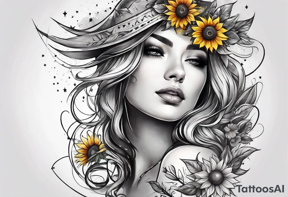 elegant tattoo with a small sunflower surrounded by cosmic stars and arrow tattoo idea