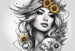 elegant tattoo with a small sunflower surrounded by cosmic stars and arrow tattoo idea