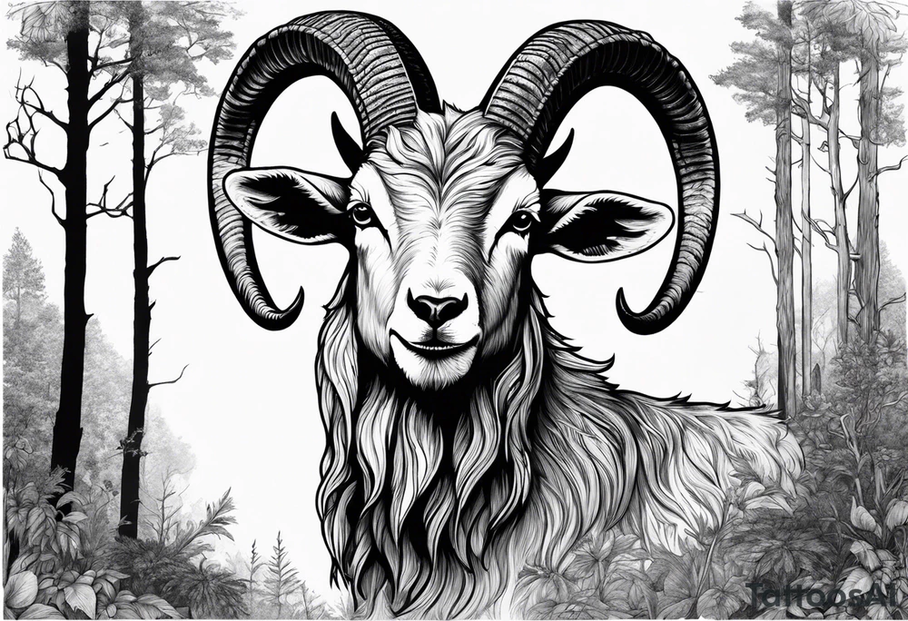 Satanic goat with horns (full body) in a forest with a pentagram in it’s forehead tattoo idea