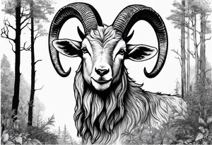 Satanic goat with horns  (full body) in a forest with a pentagram in it’s forehead tattoo idea
