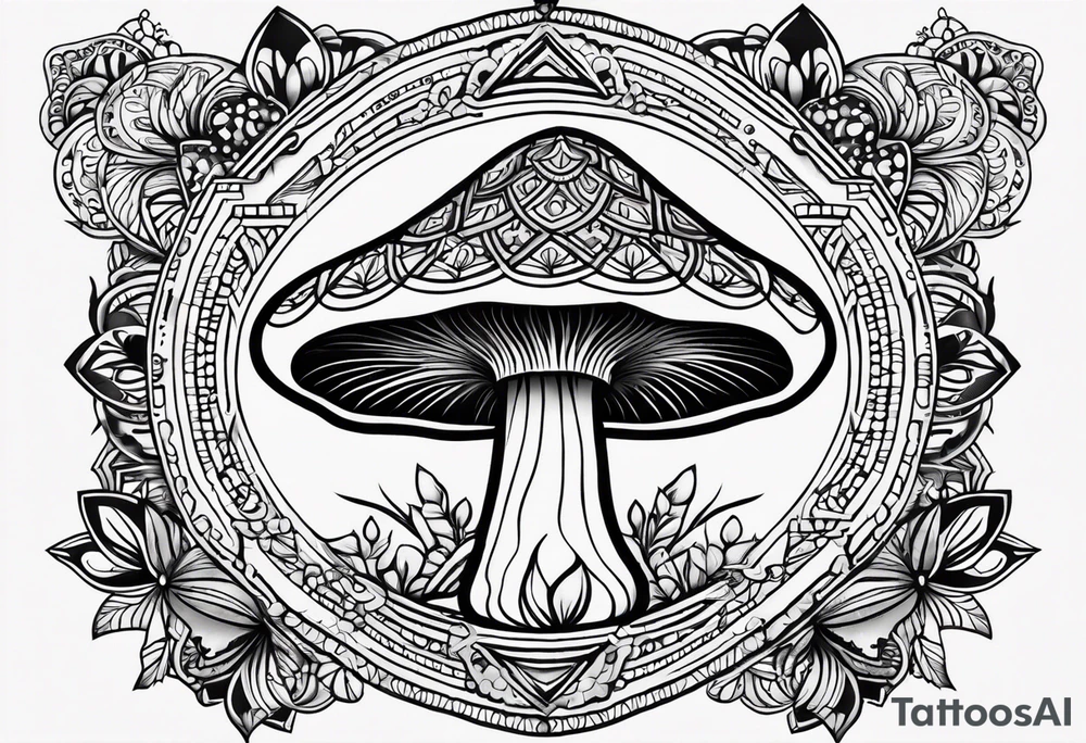 Black mushroom tattoo with henna style mandala design surrounding it tattoo idea