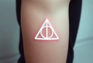 A minimalist Deathly Hallows  full symbol outline in glowing white ink, creating a mystical, luminescent effect on the skin tattoo idea