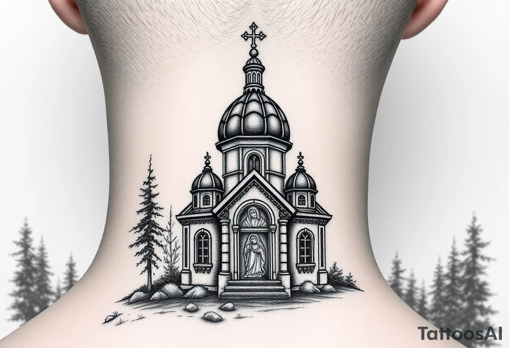 Traditional russian orthodox bulb dome church in a wilderness setting with a prominent orthodox style virgin mary tattoo idea