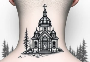 Traditional russian orthodox bulb dome church in a wilderness setting with a prominent orthodox style virgin mary tattoo idea