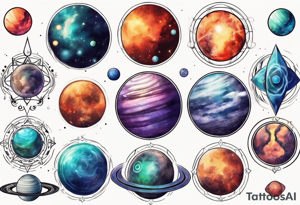 Planets in the style of chakra alignment tattoo idea
