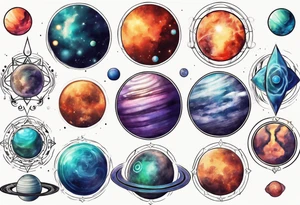 Planets in the style of chakra alignment tattoo idea