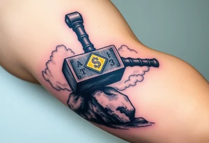 A massive Mjölnir hammer resting on a stone, ancient runes glowing on its surface, surrounded by storm clouds tattoo idea