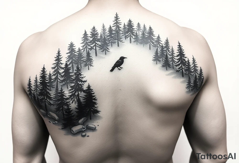 an elbow sleeve of very very thick forest and small flock of ravens on the arm tattoo idea