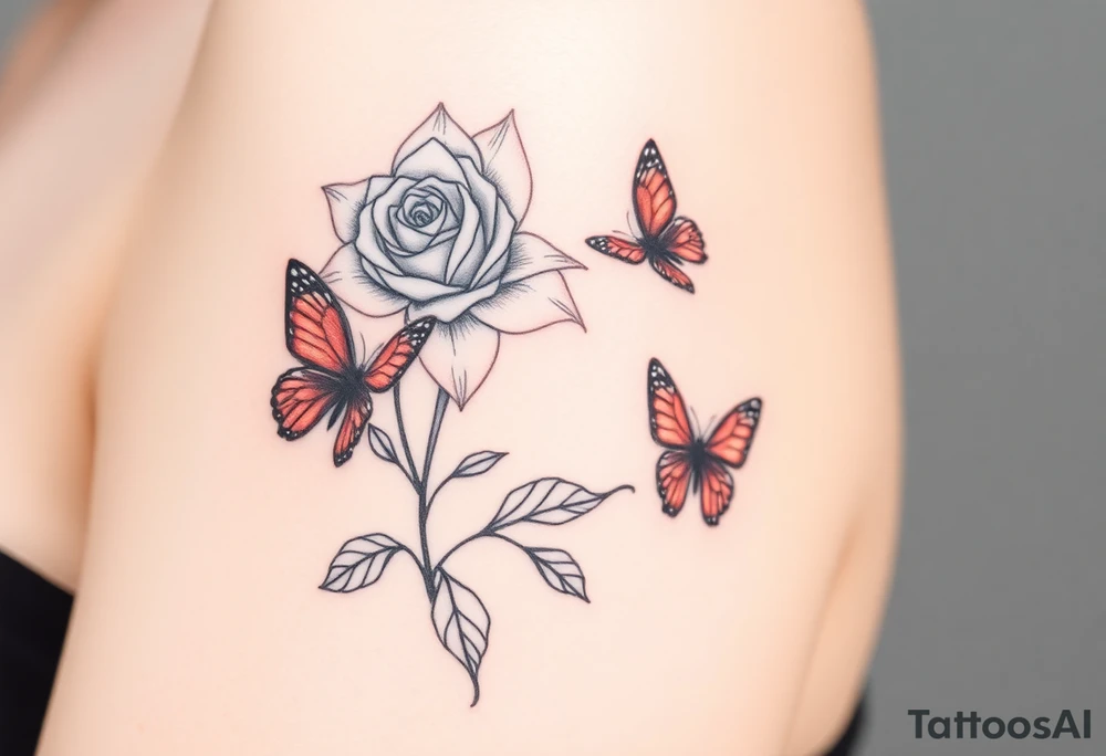 Rose and daffodil with 2 red butterflies one larger than other tattoo idea