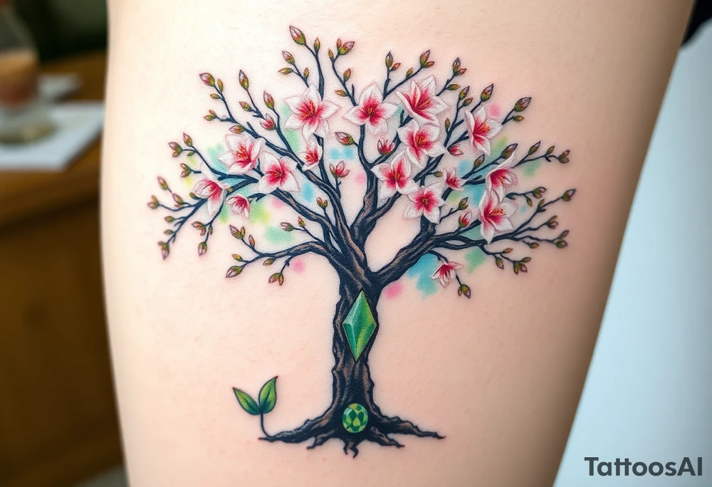Flowering Hawthorn tree with  lillys planted on each side of the Hawthorn tree and a  medium size emerald jem  in the ground between lily plants and Hawthorn tree tattoo idea