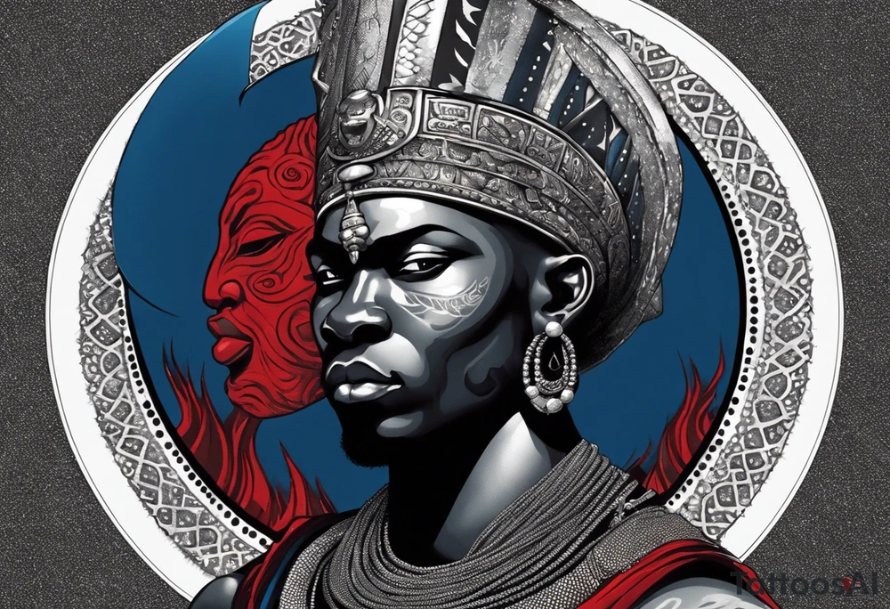 An african god, a bald black-skinned warrior, that uses a sword and a silver crown. He also uses blue and red necklaces tattoo idea
