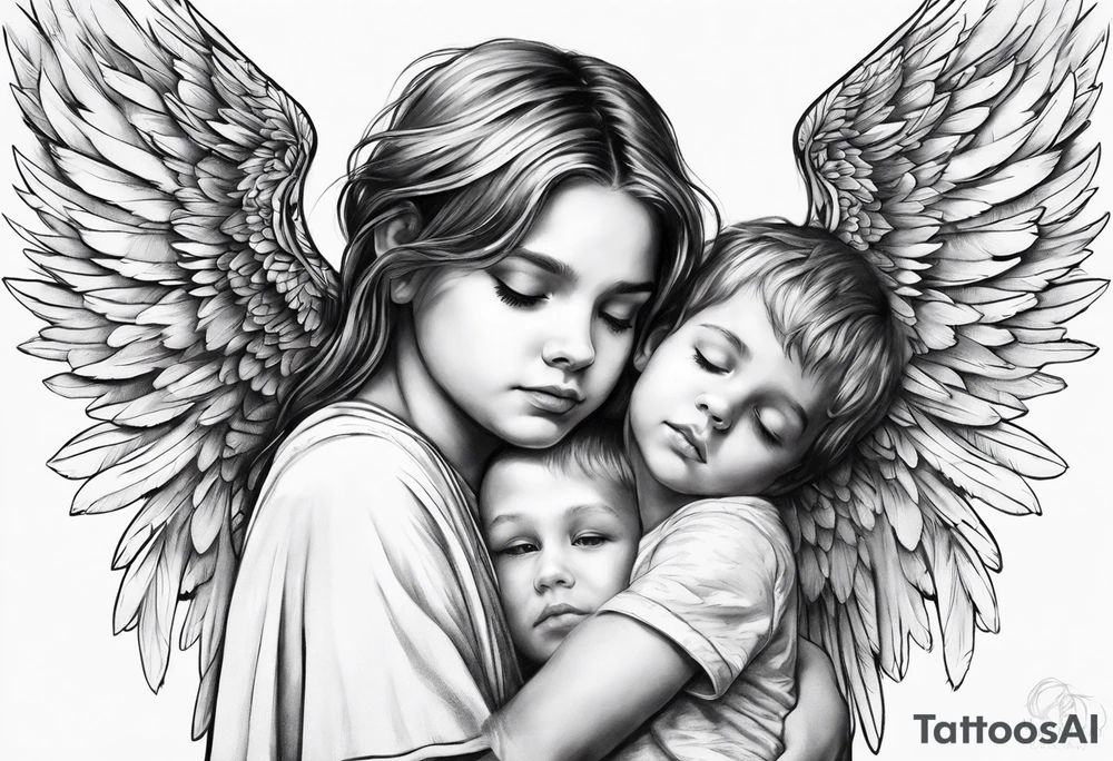 Angel covering a boy with her wings for shelter tattoo idea