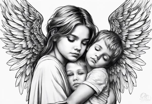 Angel covering a boy with her wings for shelter tattoo idea