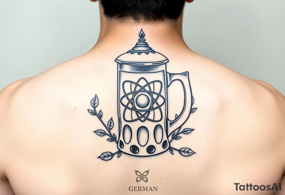 A fine line style German stein in a with an atom in the middle part of the stein and vines around the atom framing it tattoo idea