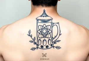 A fine line style German stein in a with an atom in the middle part of the stein and vines around the atom framing it tattoo idea