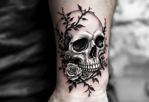 gothic skull intertwined with climbing roses and thorny vines tattoo idea