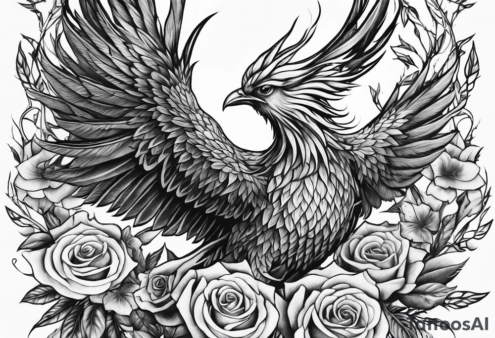phoenix rising from roses and thorns tattoo idea
