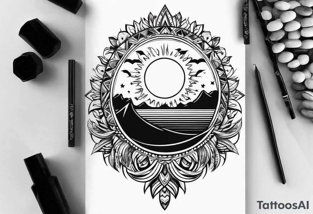 Small fire with sun rays on top over a half moon tattoo idea