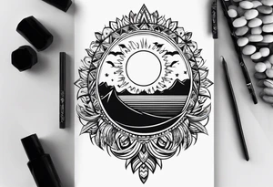 Small fire with sun rays on top over a half moon tattoo idea