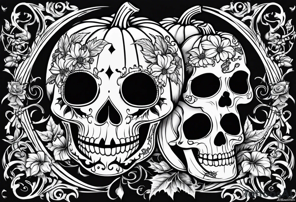 Carved pumpkin with skeletons kissing tattoo idea Carved pumpkin with skeletons kissing tattoo idea