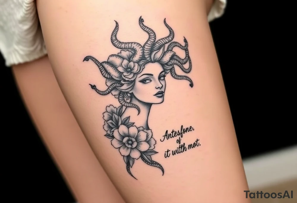 medusa  with snakes coming out of her head with flowers and a quote tattoo idea
