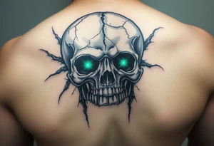Close-up of a cracked skull with glowing emerald eyes, dark fantasy art. tattoo idea