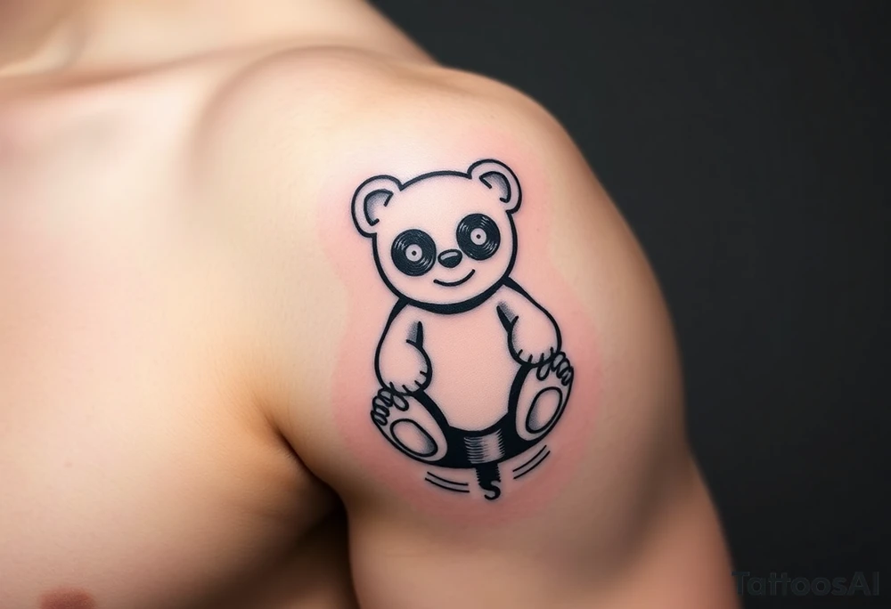 minimalist teddy bear with vinyl records as eyes smiling and sitting on a record tattoo idea