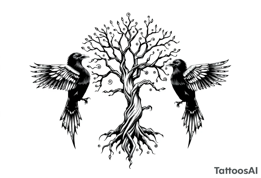 Irish shoulder tattoo, that is non-religious and has a Celtic tree and tribal ravens tattoo idea