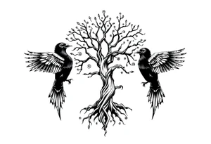 Irish shoulder tattoo, that is non-religious and has a Celtic tree and tribal ravens tattoo idea