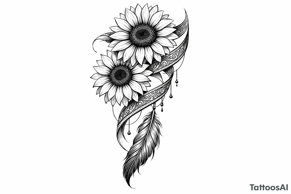 2 cascading sunflowers wrapped in Indian ribbon with a feather tattoo idea
