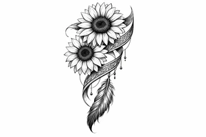 2 cascading sunflowers wrapped in Indian ribbon with a feather tattoo idea