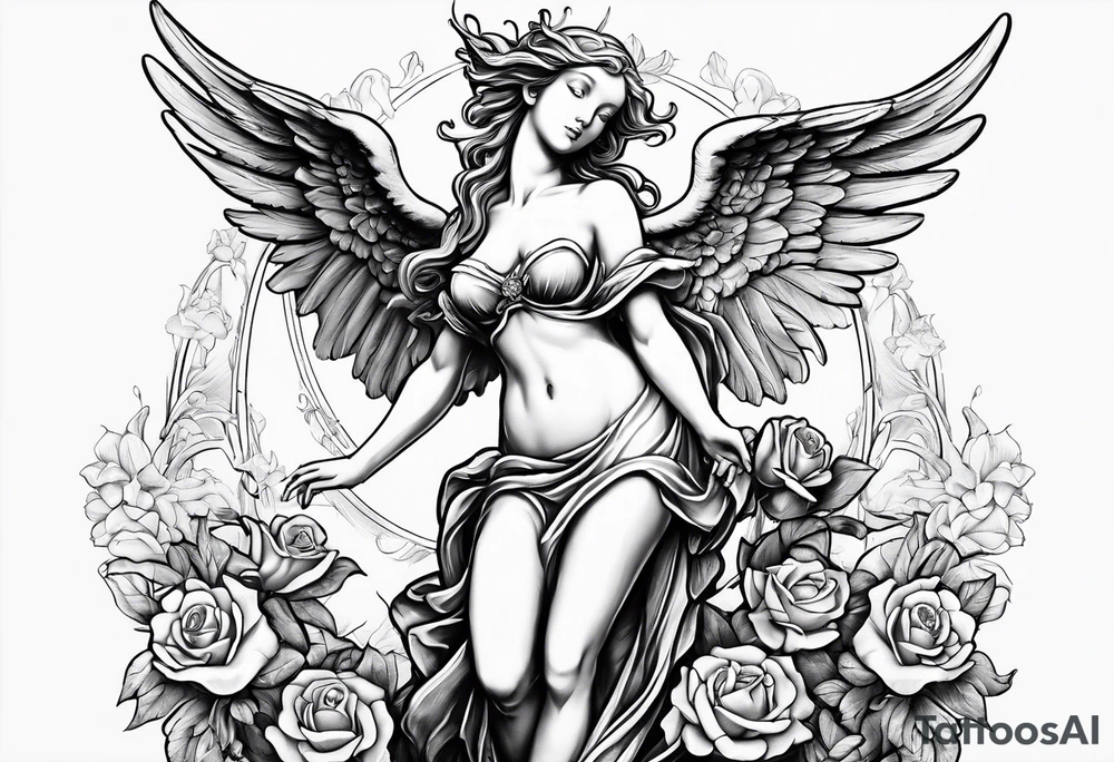 Angel statue stood on a rock with daffodils and roses wrapped around its legs tattoo idea