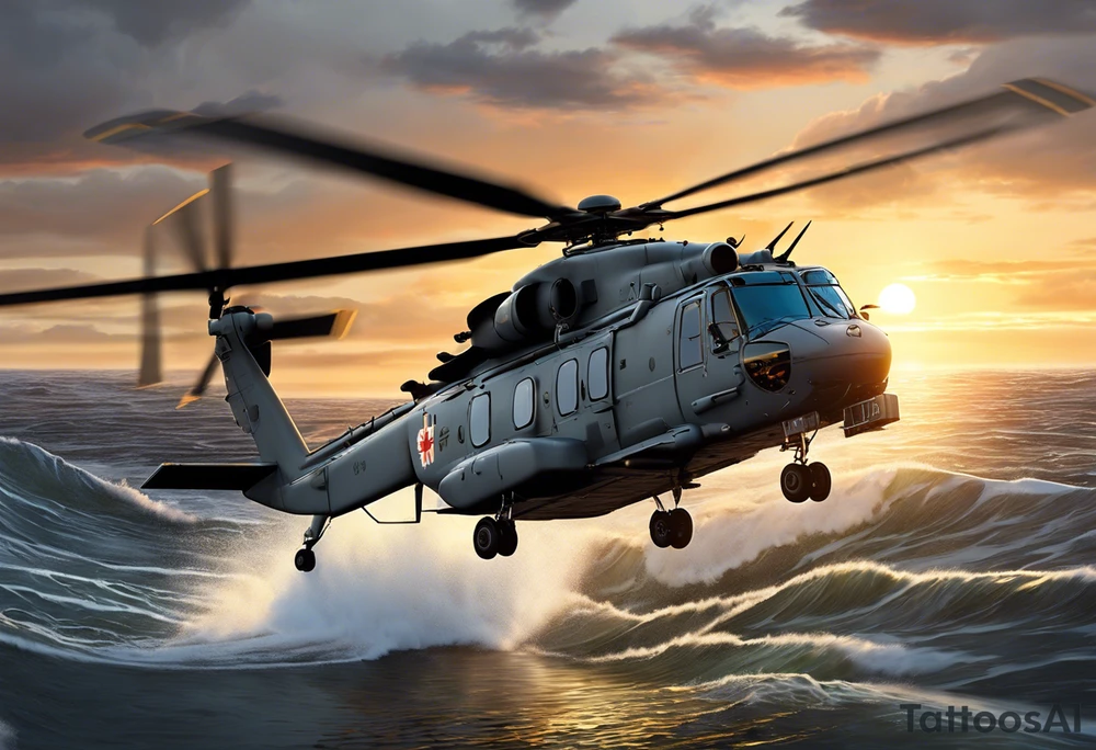 A detailed 4K drawing of a Canadian military grey CH-148 Cyclone helicopter soaring low over rough, ocean waves. The sun is setting, casting a dramatic glow on the scene. The background is highly detailed, with realistic clouds and a specular reflection of the helicopter on the water. Focus on the intricate details of the helicopter and the ruggedness of the ocean. tattoo idea