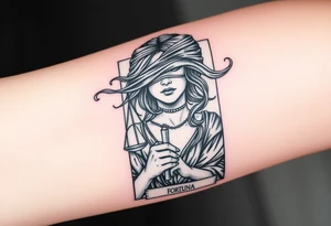 Fortuna's card as a beautiful woman with eyes covered with material, holds a scale in her hands. This character have to be in a card/frame tattoo idea