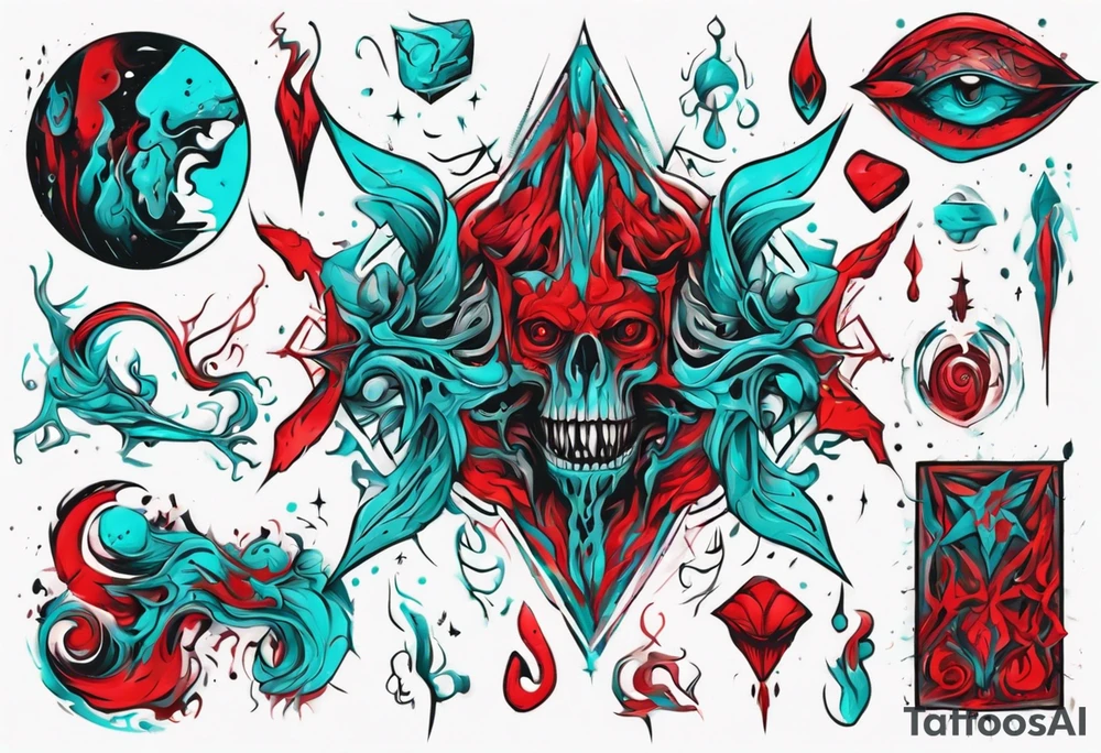 an art in the style of abstract, lovecraft, textured pigment planes, red and cyan, stencil art tattoo idea