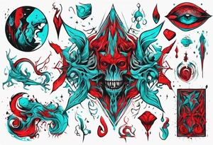 an art in the style of abstract, lovecraft, textured pigment planes, red and cyan, stencil art tattoo idea