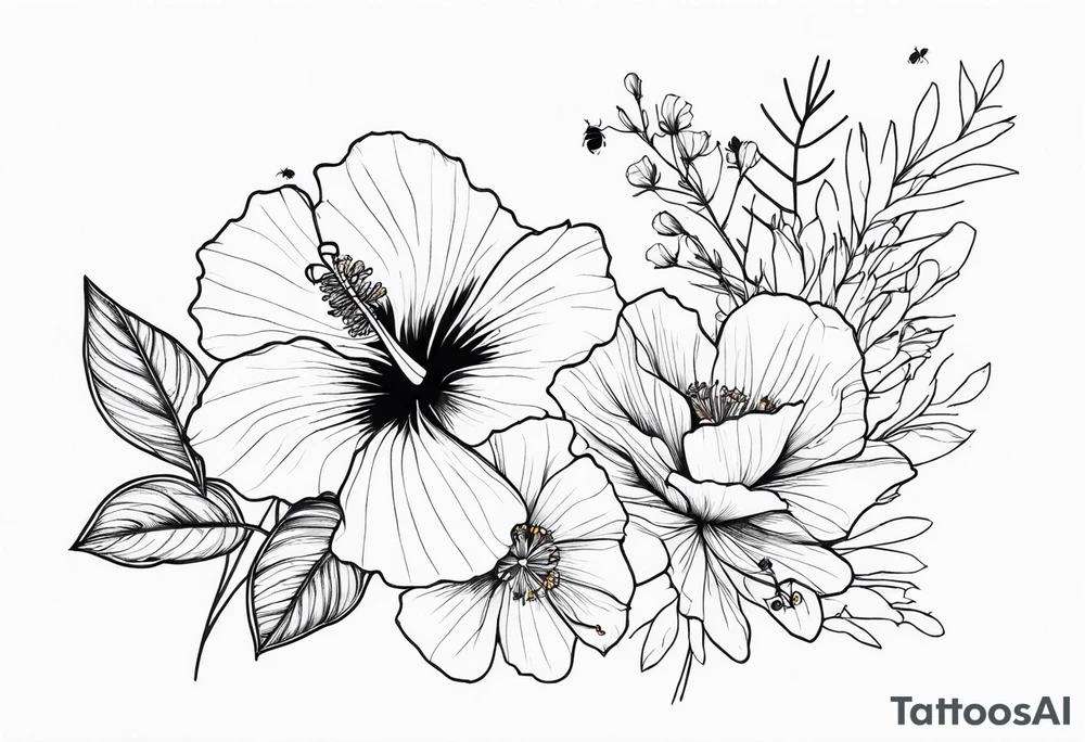 Hibiscus with wildflowers, poppy, complimentary flowers, bees, forearm tattoo idea