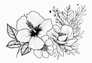 Hibiscus with wildflowers, poppy, complimentary flowers, bees, forearm tattoo idea
