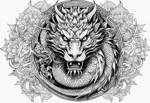 japanese dragon, celestial, cross, snowflake tattoo idea