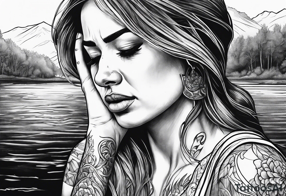 Woman crying at a river tattoo idea