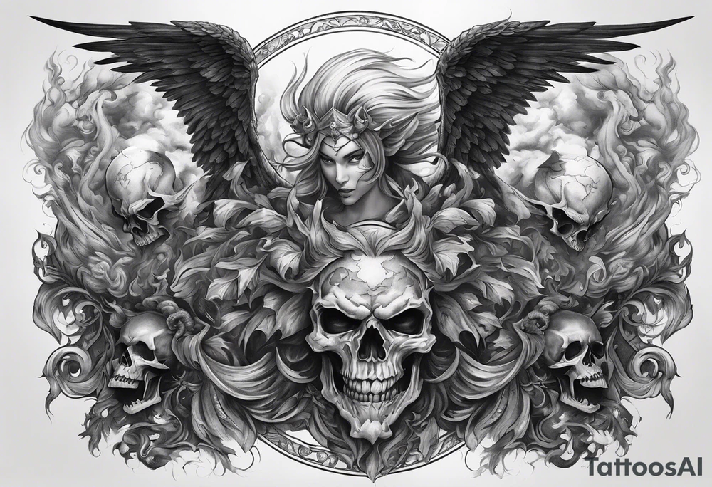 Angels fighting demons full sleeve with skulls and fire and smoke for filler tattoo idea