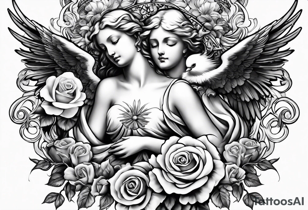 Angels and deamons realistic with roses doves to fit upper inner arm tattoo idea