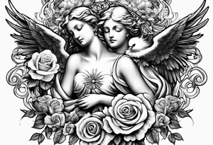 Angels and deamons realistic with roses doves to fit upper inner arm tattoo idea