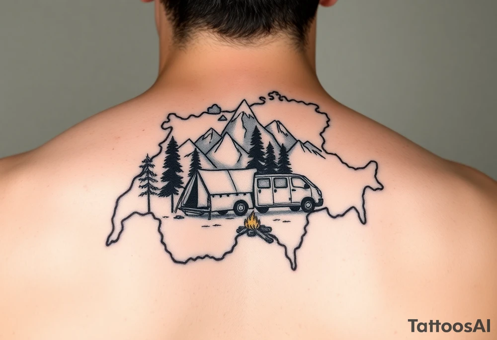 Simplistic, black and white tattoo, the whole tattoo must be completely inside the contour of the Switzerland map. A little camping tent on a side, a VW Caddy on the side, a little fire, in the woods, surrounded by alps and a couple pine trees. Arm tattoo tattoo idea
