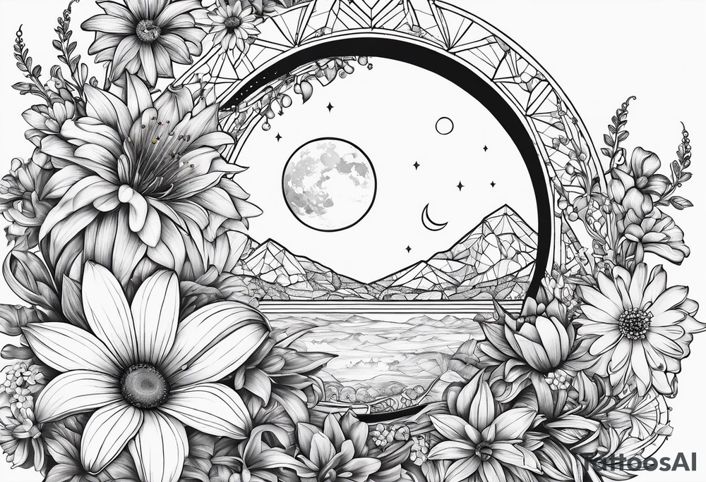 Crescent moon with daisy's, lily’s, crystals, and mushrooms tattoo idea