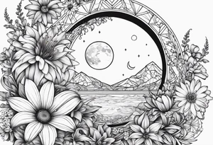 Crescent moon with daisy's, lily’s, crystals, and mushrooms tattoo idea