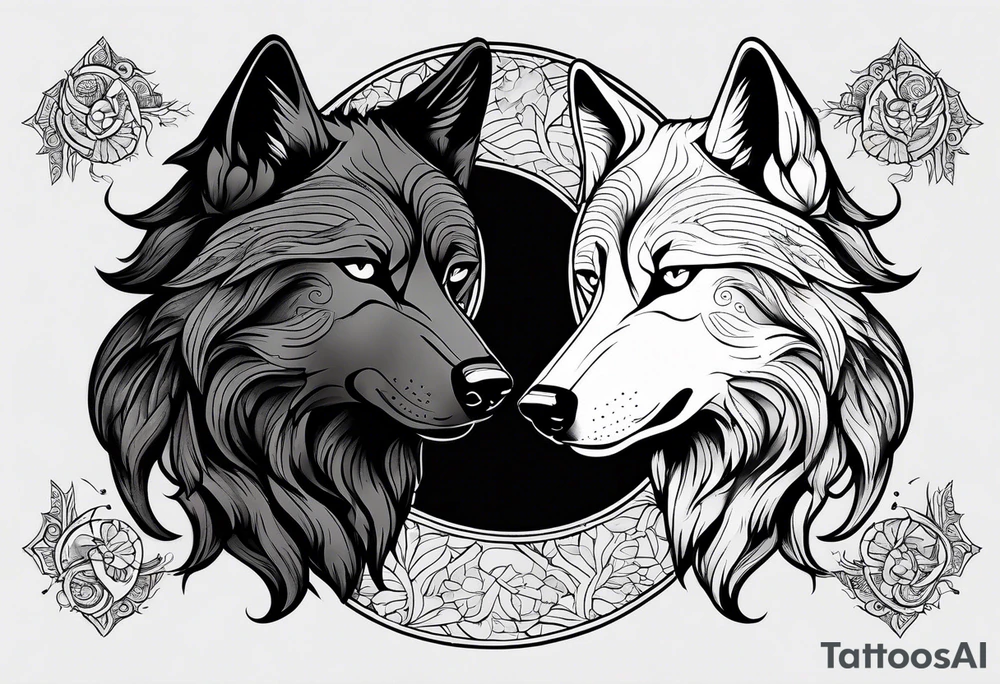 black wolf and white wolf in a ying yang style tattoo idea