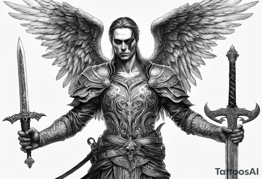 realistic angel of death, full body, without face, holding one sword in both hands, sword pointing downwards, skulls lying on the ground tattoo idea