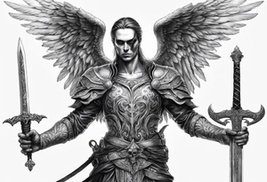 realistic angel of death, full body, without face, holding one sword in both hands, sword pointing downwards, skulls lying on the ground tattoo idea